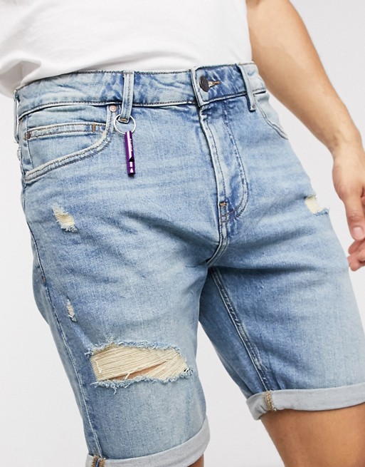 Pull&Bear denim shorts with abrasions in light blue