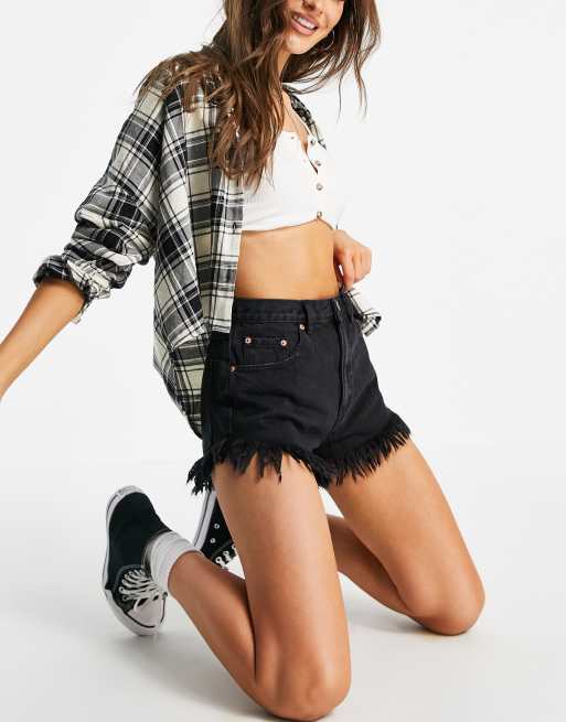 Pull&Bear denim shorts with frayed hem in black