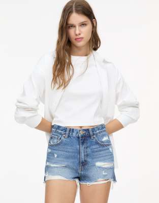 Pull&Bear denim shorts with frayed hems in medium blue - view 1