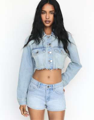 Pull&Bear denim shorts with rhinestones in mid blue - view 1