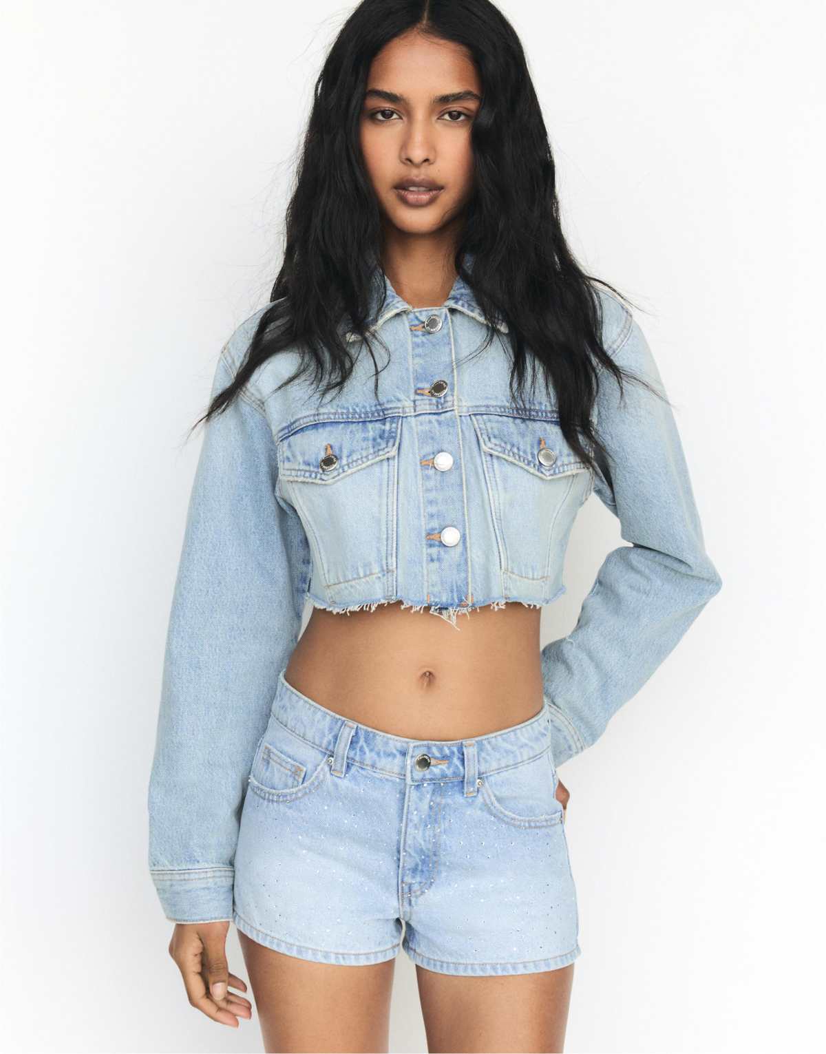 Pull&Bear denim shorts with rhinestones in mid blue