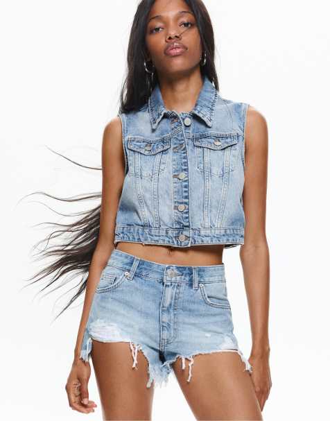 Pull&Bear denim shorts with ripped hems in medium blue - view 1