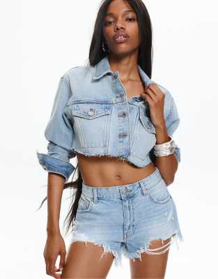 Pull&Bear denim shorts with ripped hems in pale blue - view 1