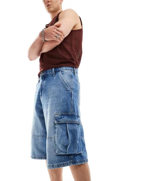 Pull&Bear denim skater cargo short in blue - view 1