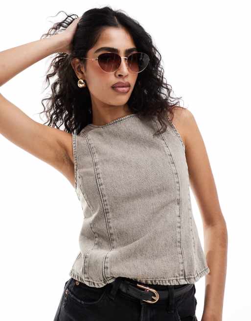 Pull&Bear - Denim top met halternek in stone met wassing