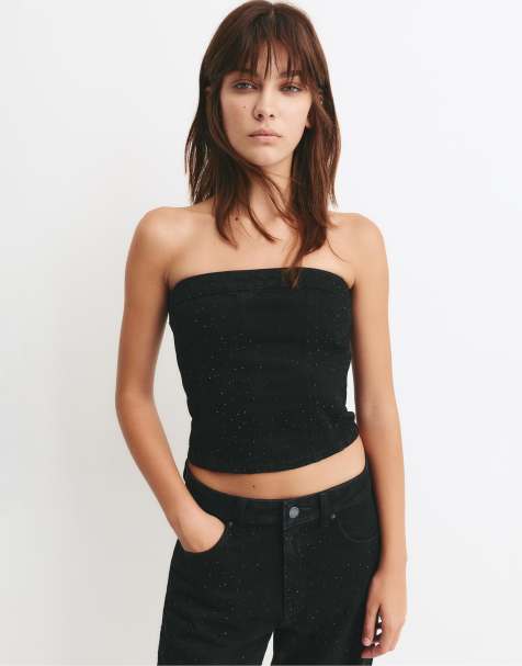 Pull&Bear - Denim top met strass-steentjes in zwart - view 1
