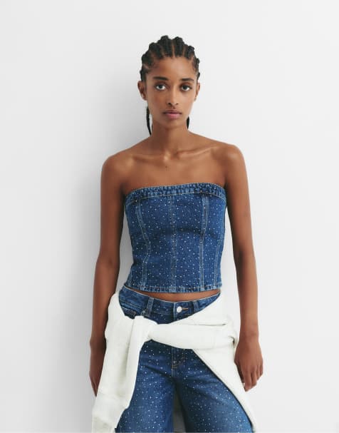 Pull&Bear Denim top with rhinestones in dark blue - view 1
