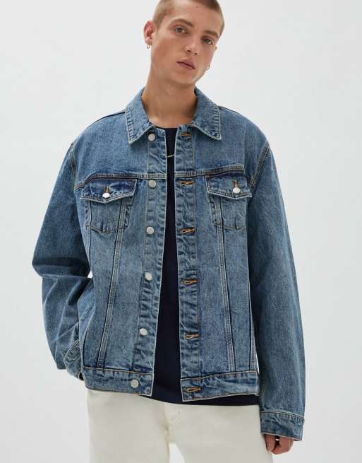 Pull&Bear denim trucker jacket in dark blue | ASOS