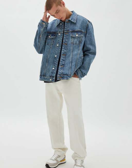 Pull Bear denim trucker jacket in dark blue