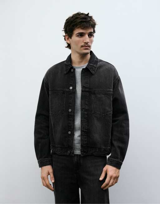 Pull&Bear Denim trucker jacket in faded black, 4 of 4
