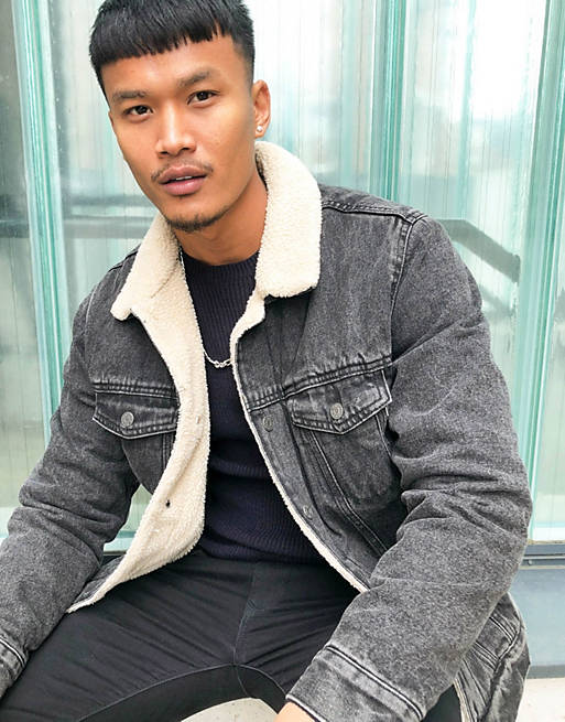 Milky white Embryo Pants Pull&Bear denim trucker jacket with sherpa collar in washed black | ASOS