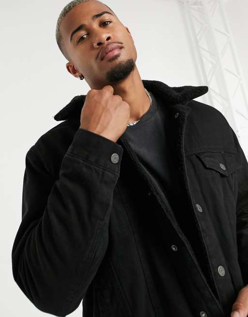 Pull&Bear denim trucker jacket with teddy collar in black