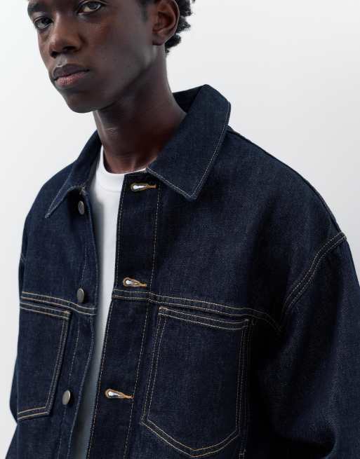 Pull&Bear – Denim-Truckerjacke in Marineblau, 4 von 4