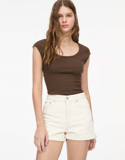 Pull&Bear denim turn up mom shorts in beige - view 1