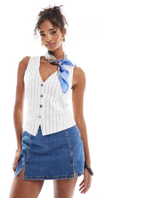 Pull&Bear denim vest in white pinstripe