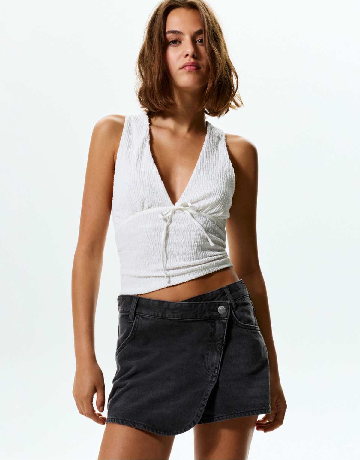 Pull&Bear Denim wrap mini skirt in black