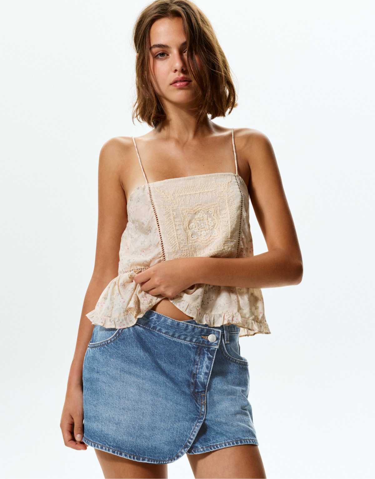 Pull&Bear Denim wrap mini skirt in medium blue