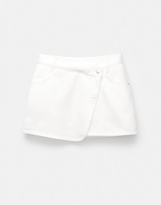 Pull&Bear Denim wrap mini skirt in white