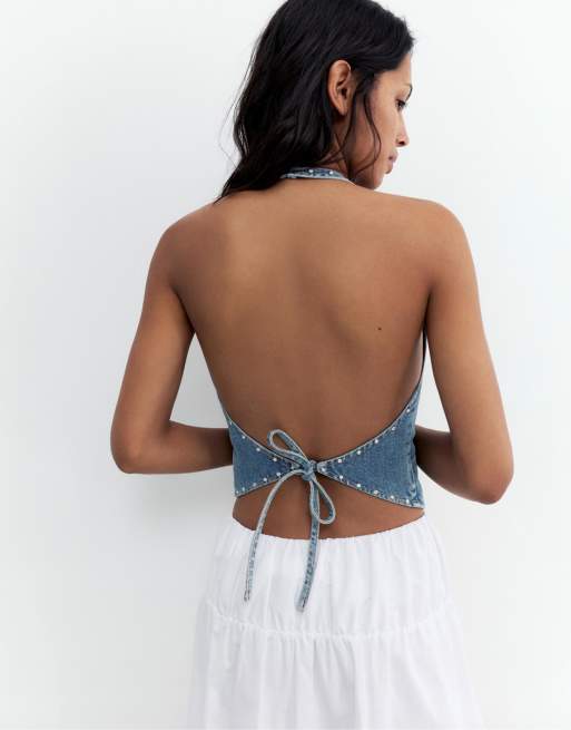 Pull&Bear denimvest med stjerneprint i mellemblå, 3 af 4