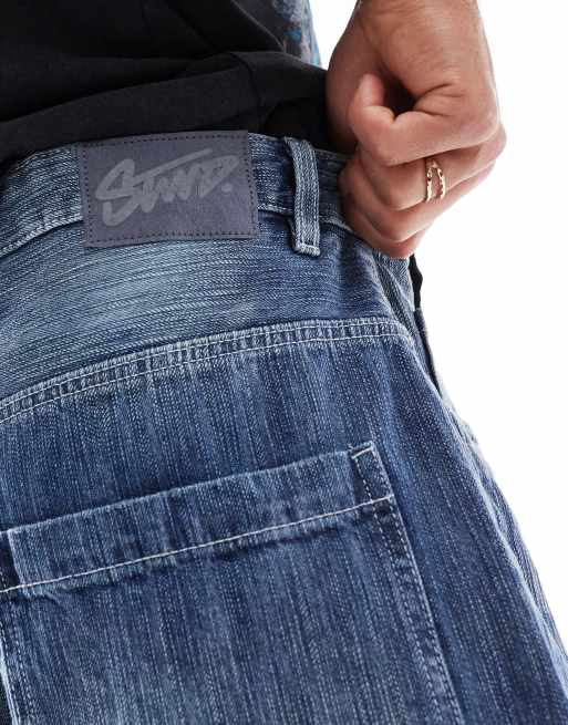 Pull&Bear - Distressed baggy denim short in donkere wassing blauw, 3 van 5