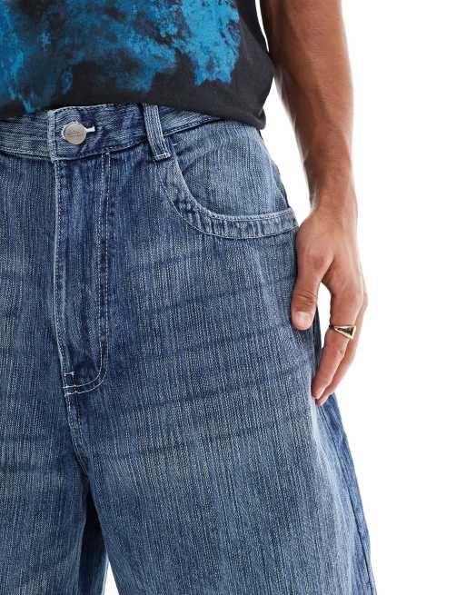 Pull&Bear distressed baggy denim shorts in dark wash blue