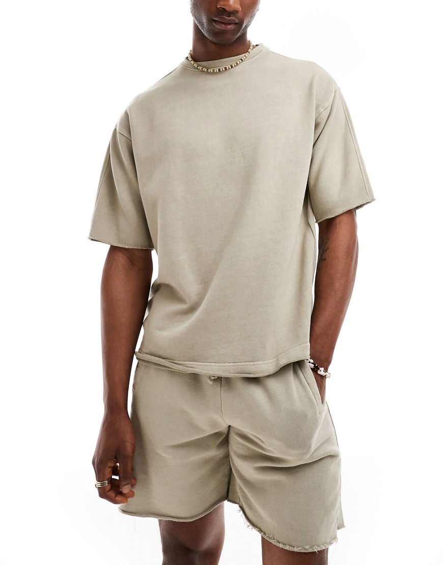 Pull & Bear distressed hem co-ord t-shirt in camel-Neutral