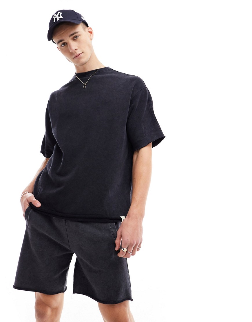 Pull & Bear distressed hem co-ord t-shirt in washed black-Grey