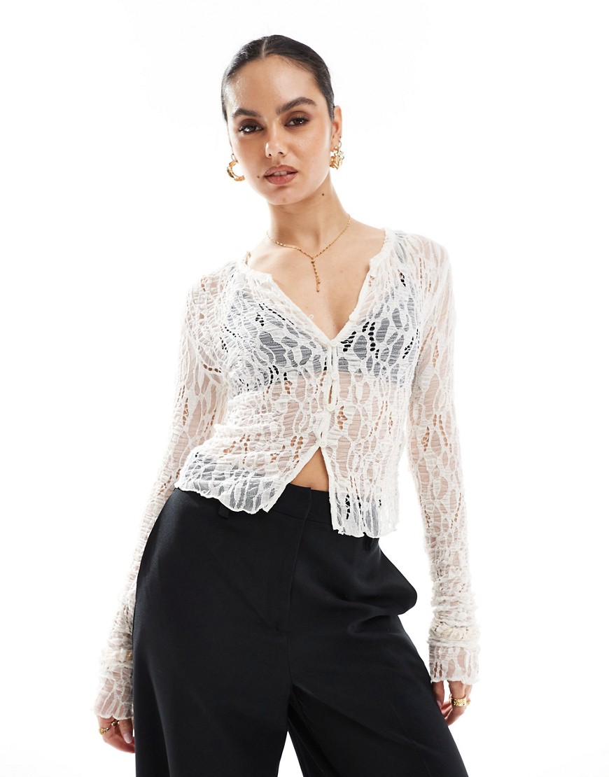 Pull & Bear distressed lace long sleeve top in ecru-White
