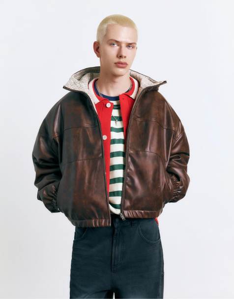 Pull&Bear Distressed leather effect jacket in brown - view 1