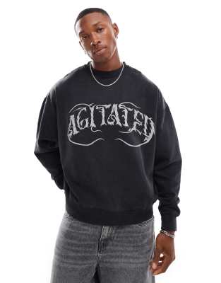 Pull & Bear Distressed Souls Printed Sweatshirt In Washed Charcoal-gray