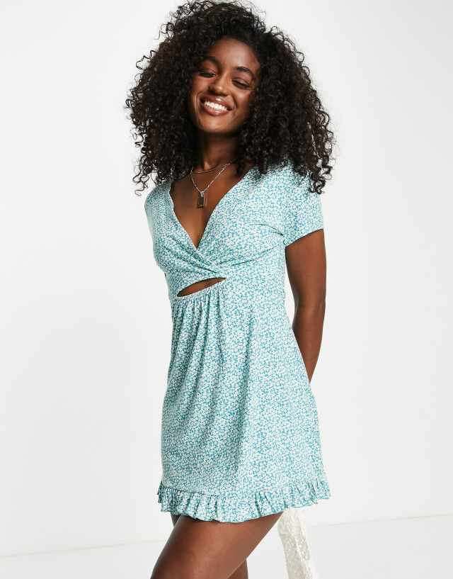 Pull&Bear ditsy floral mini dress in blue