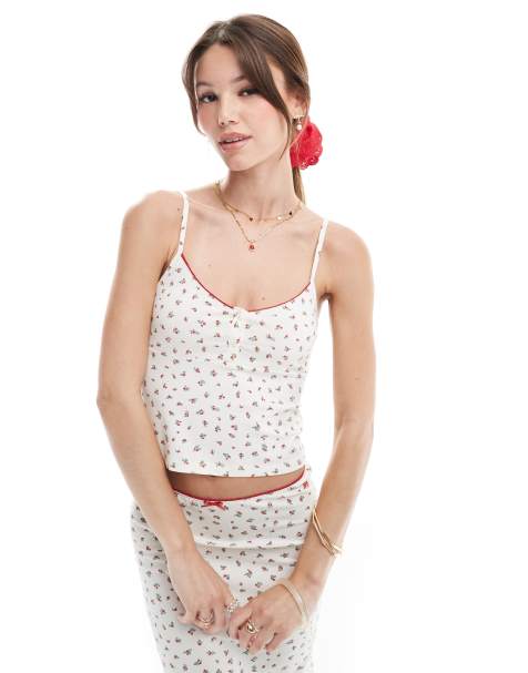 Pull&Bear ditsy floral pointelle cami top co-ord in white - view 1