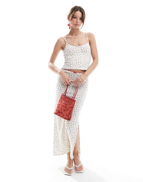 Pull&Bear ditsy floral pointelle cami top in white (part of a set) - view 1