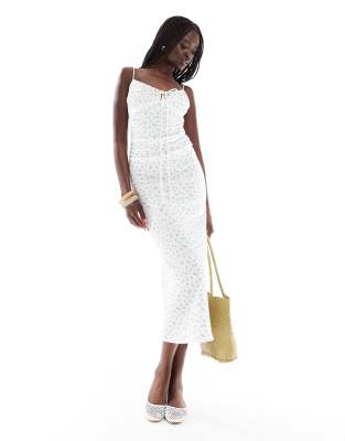 pull&bear ditsy floral textured maxi dress in white