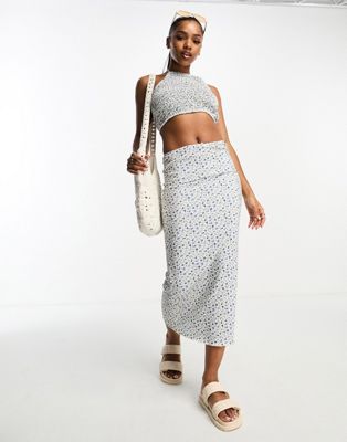 Pull&Bear ditsy maxi skirt co-ord in blue