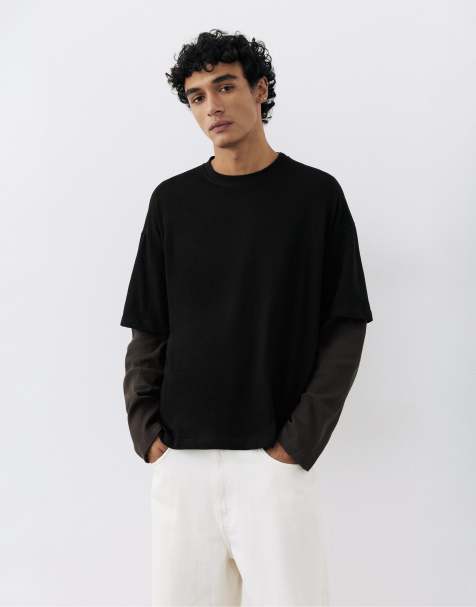 Pull&Bear dobbelt langærmet T-shirt i sort - view 1