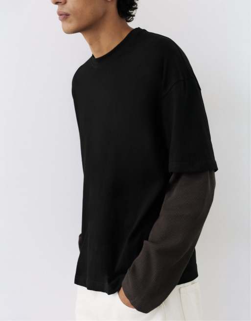 Pull&Bear dobbelt langærmet T-shirt i sort, 3 af 7