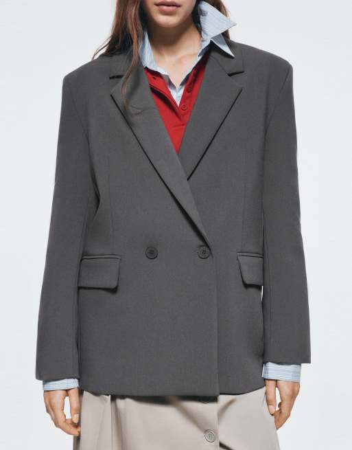 Pull&Bear dobbeltradet blazer i mellemgrå, 2 af 6