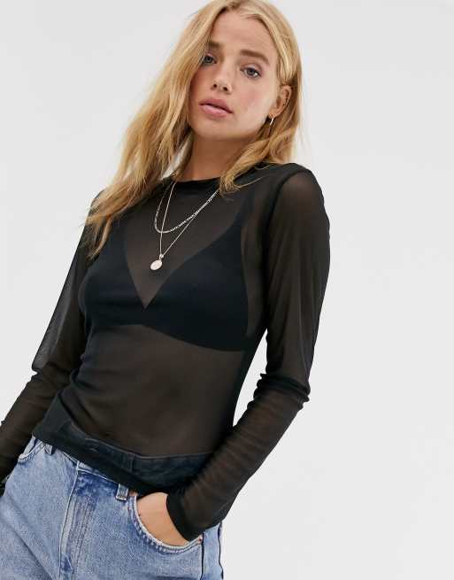 som Recensie Vleien Pull&Bear - Doorzichtige top met lange mouwen in zwart | ASOS