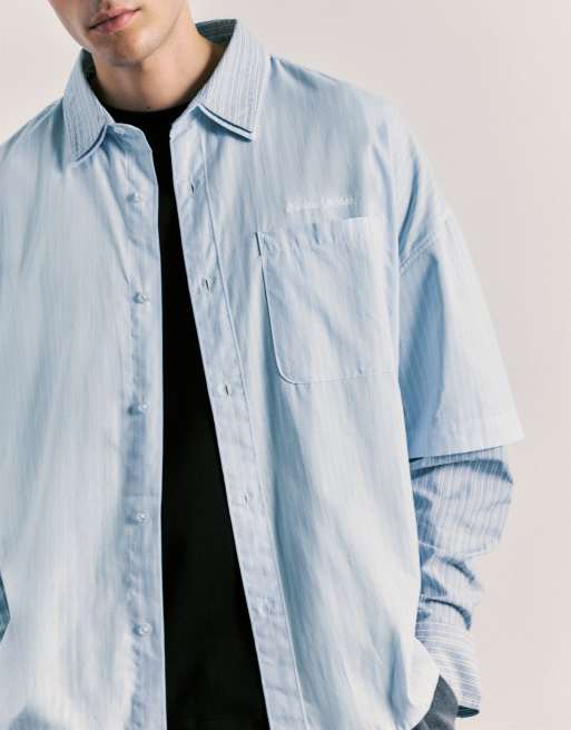 Pull&Bear doppelt langärmliges gestreiftes Hemd in Blau, 3 von 6