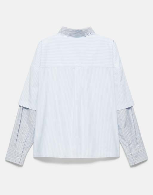 Pull&Bear doppelt langärmliges gestreiftes Hemd in Blau, 6 von 6