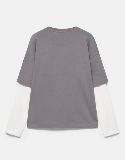 Pull&Bear doppeltes Langarm-T-Shirt in Grau, 7 von 7