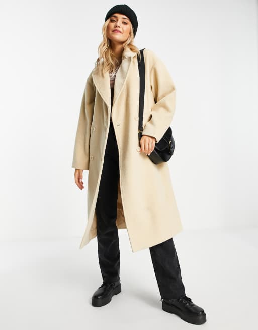 Pull&Bear double breast peaked lapel coat in ecru