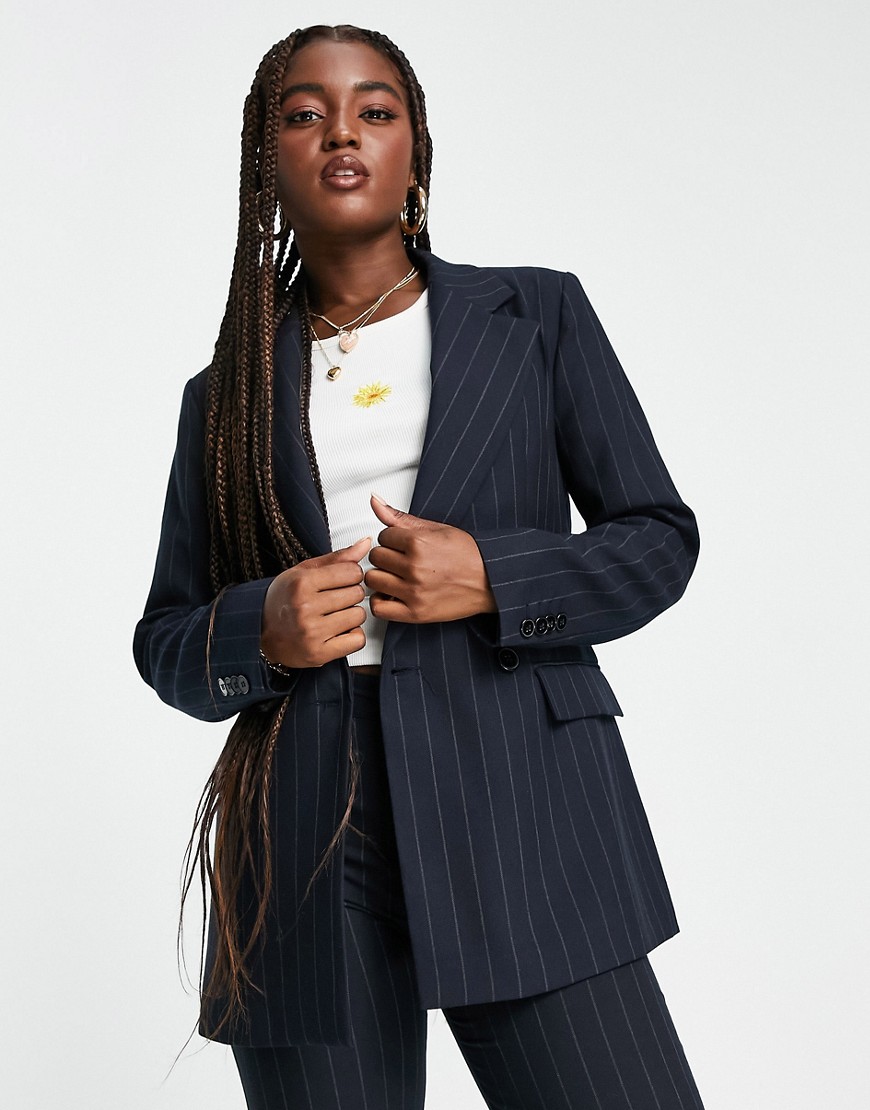 Pull & Bear double breasted blazer in pinstripe navy - part of a set-Blue