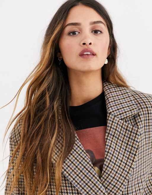 Pull Bear double breasted check coat in multi