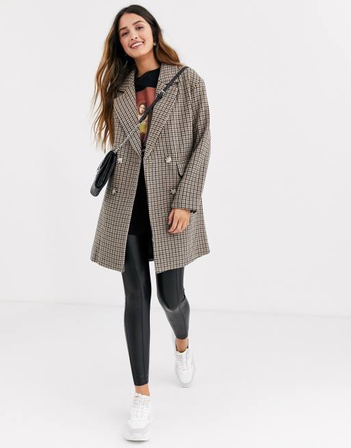 Pull Bear double breasted check coat in multi