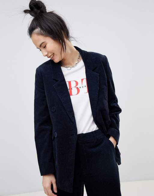 Pull Bear double breasted cord blazer in navy