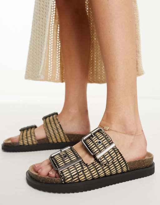Pull&Bear double buckle raffia sandals in beige 