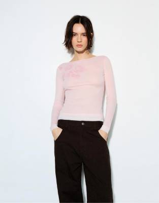 Pull & Bear - Double - Langärmliges T-Shirt in Staubrosa