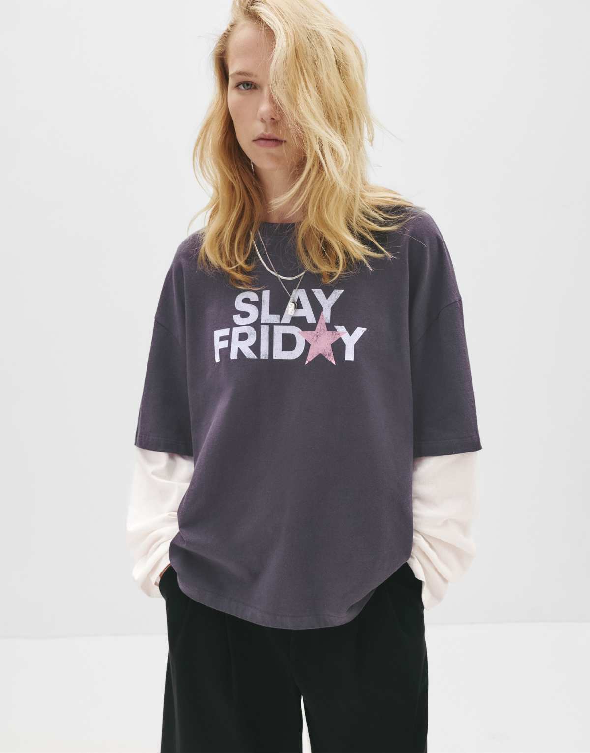 Pull&Bear Double-layer sleeve graphic t-shirt in grey